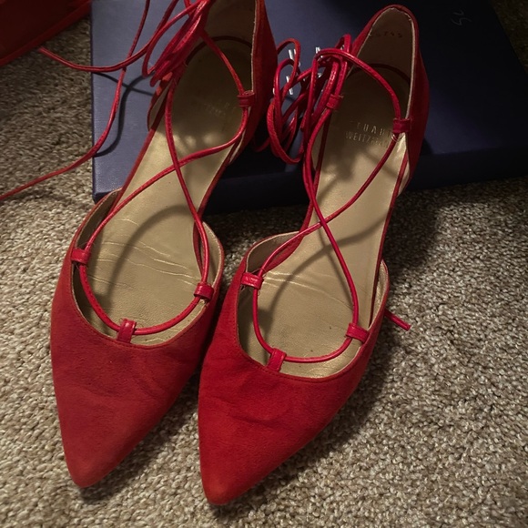 Red flats ankle tie Stuart Weitzman Gilligan suede - Picture 5 of 6